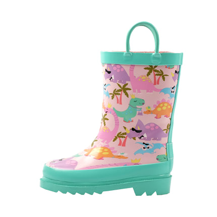 Kids Pink and Blue Rubber Rain Boots with Dinosaurs Pattern