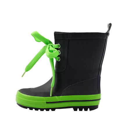 Kids Blue Rubber Rainboots with Fluorescent Green Laces