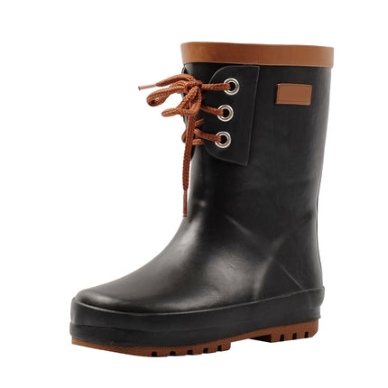Kids Black Rubber Rain Boots with Brown Laces