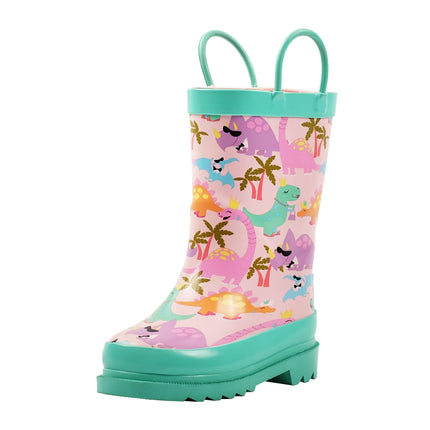 Kids Pink and Blue Rubber Rain Boots with Dinosaurs Pattern