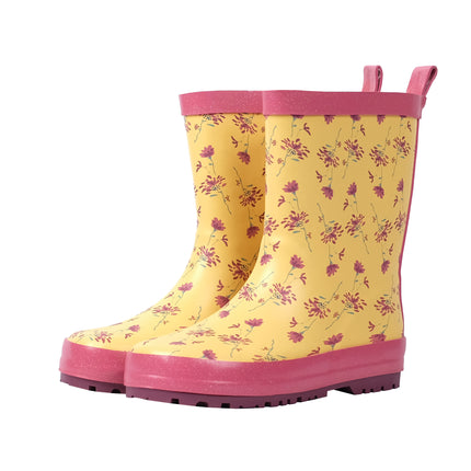 Children's Yellow Rubber Rain Boots with Rose Red Flower Pattern