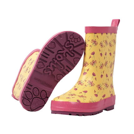 Children's Yellow Rubber Rain Boots with Rose Red Flower Pattern