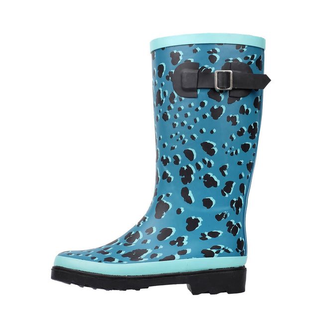 D8080191-Blue Women Leopard Rubber Rainboots