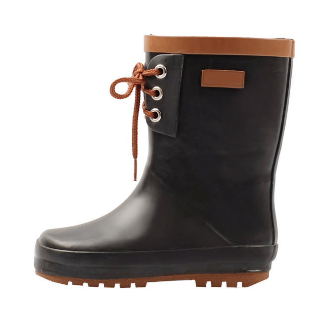 Kids Black Rubber Rain Boots with Brown Laces